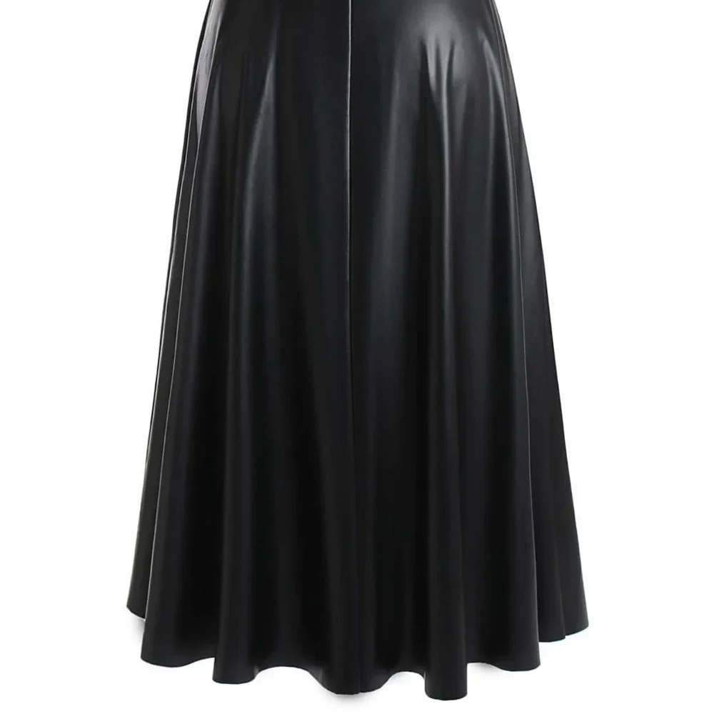 Black Preppy Womens Plus Solid PU Leather Flare Skirt - Picture 3 of 5